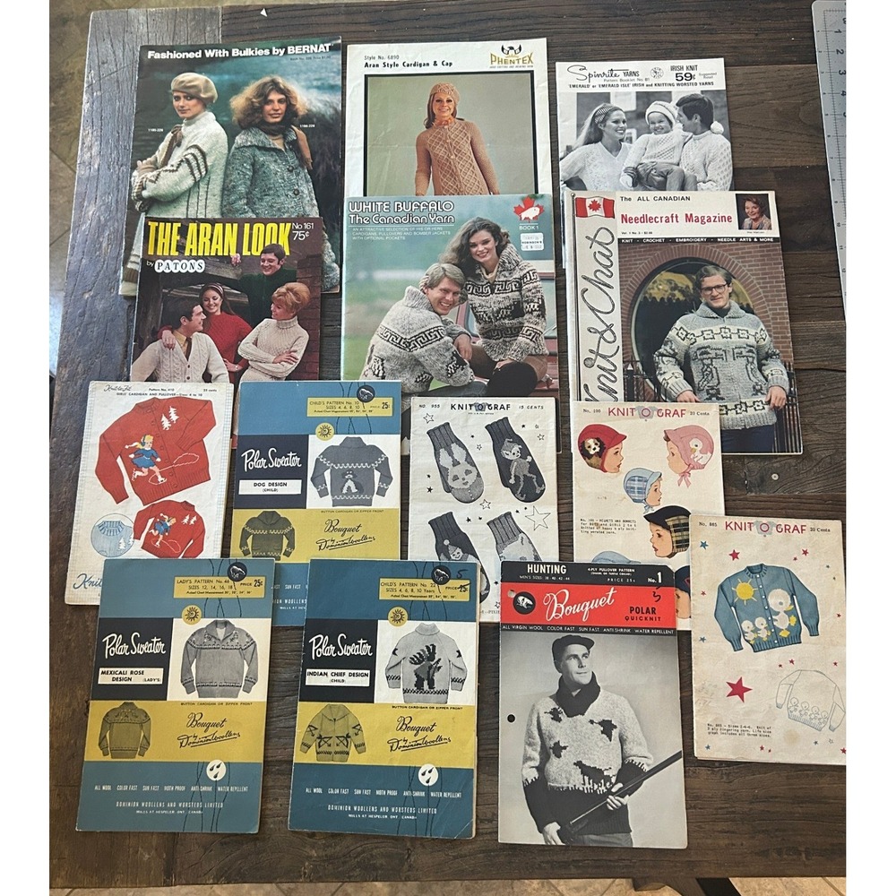 Vintage 14pc Knitting Pattern Lot Aran Cowichan Polar Sweaters Patons Bernat